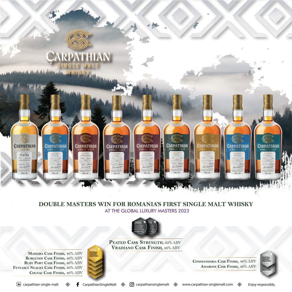 Carpathian Single Malt Whisky a obţinut dublă medalie Master la Global Luxury Masters 2023